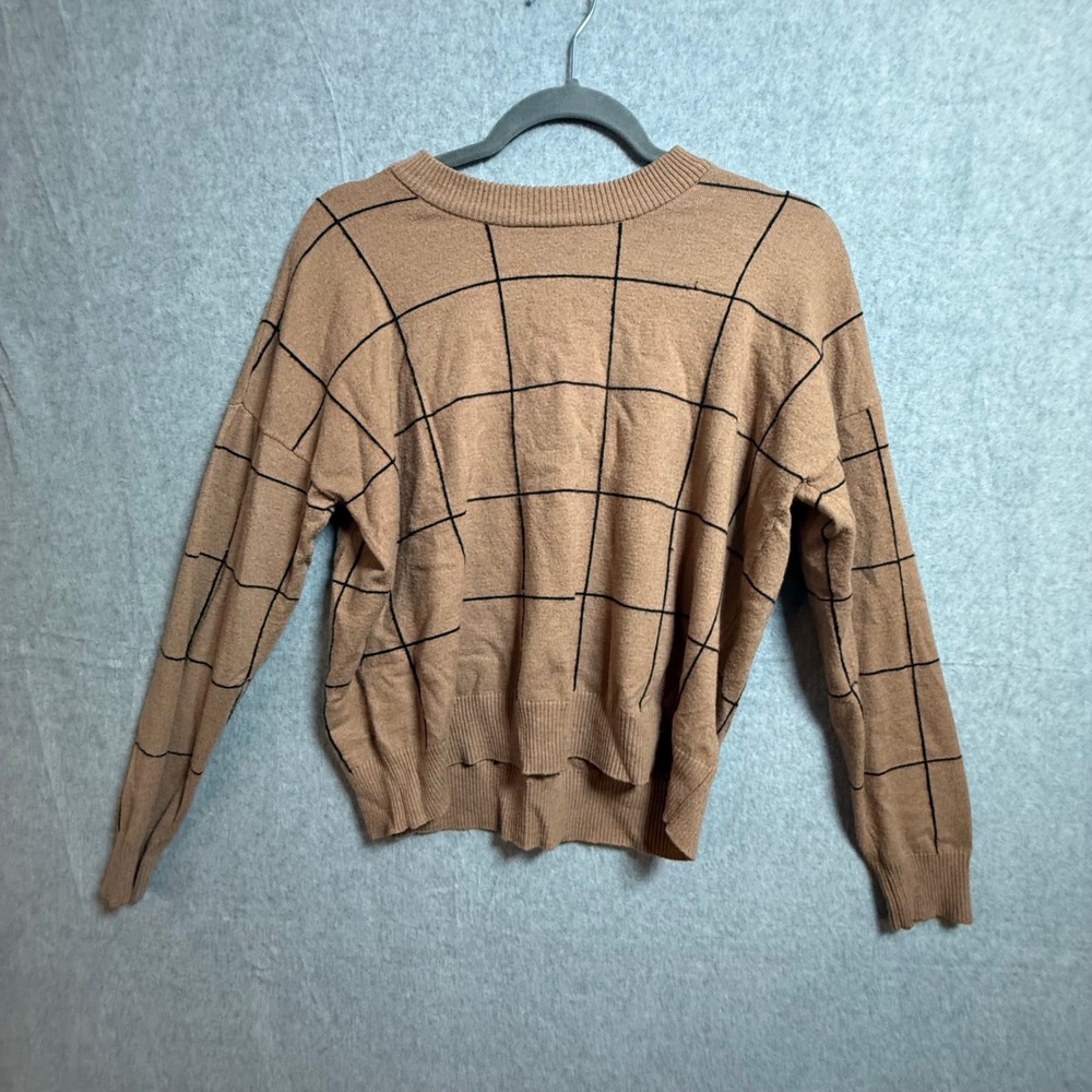 T Tahari Womens Camel Tan Windowpane Grid Crewneck Sweater Medium 0046